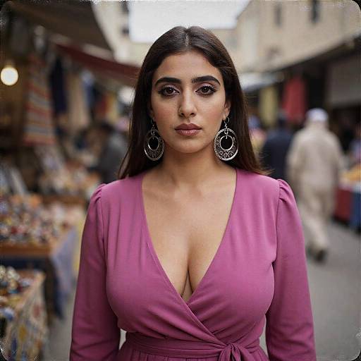 Photograph of a serious-looking woman with long dark hair, wearing a low-cut pink dress and large circular earrings, standing in a busy outdoor market with