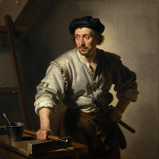 Baroque oil painting of a bearded man in a white shirt and black cap, holding a hammer over a workbench. Dark, moody lighting