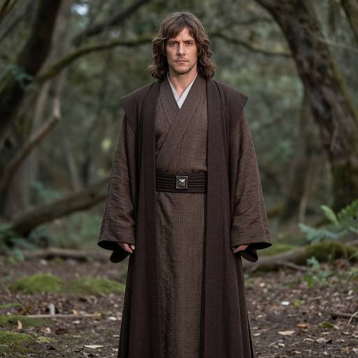 Photograph of a man with long brown hair, wearing a dark brown robe with a black belt, standing in a misty forest.
