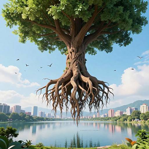 Photorealistic digital artwork of a massive tree with sprawling roots, floating above a serene lake, with a cityscape and clear blue sky in the background