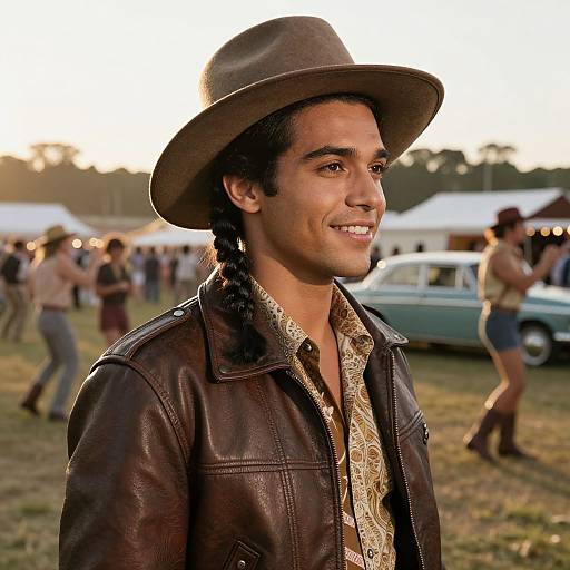 Photograph of a smiling young man with medium brown skin, dark braided hair, wearing a brown leather jacket and hat, in a sunlit outdoor