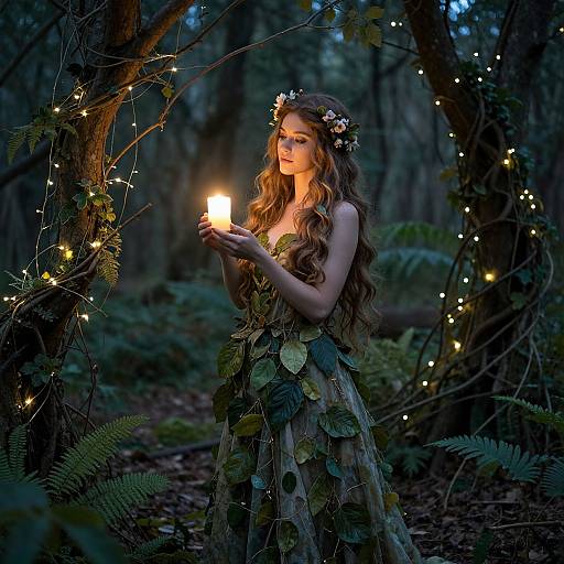 Photograph: Enchanted forest scene with a fair-skinned, long-haired woman in a leafy dress, holding a glowing candle, surrounded by