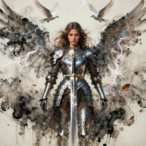 Digital art of a fierce, armored woman with wings, holding a sword, surrounded by lightning and birds, with intense, determined expression.