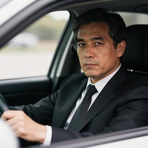 Serious Man in Black Suit Inside Car