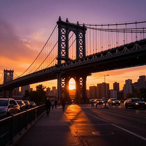 Photograph of the Brooklyn Bridge at sunset, silhouetted against a vibrant orange and purple sky, with traffic and pedestrians below.