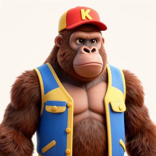 CGI image of a muscular, brown-furred gorilla wearing a red and yellow cap with 