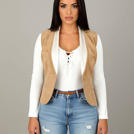 Photograph of a woman with long black hair, tan suede vest, white long-sleeve top, and blue distressed jeans, standing against a plain