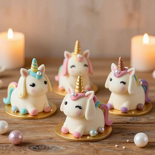 Photograph of four adorable, pastel-colored unicorn cake toppers with gold horns, sitting on gold disks, surrounded by lit candles and glittery ornaments