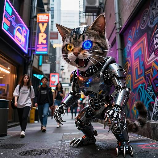 Cyborg Street-Samurai Cat in Neon Alley