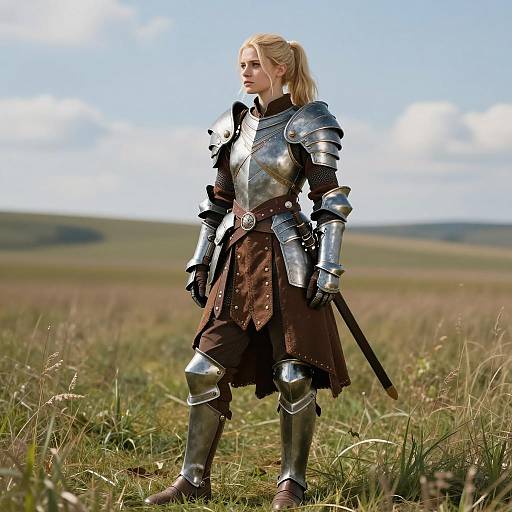 Woman in Medieval Fantasy Armor Standing in Field