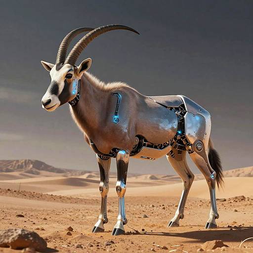 Photograph of a robotic, cybernetic gazelle with glowing blue accents, curved horns, and mechanical legs, standing in a desert landscape.