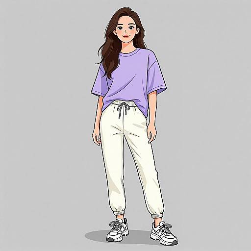 Digital drawing of a young woman with long brown hair, wearing a light purple t-shirt, white pants, and white sneakers, standing against a light blue