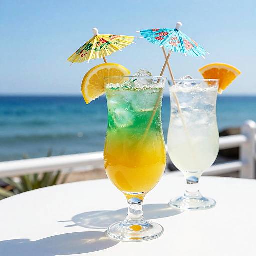 Photograph of two colorful tropical cocktails with umbrellas, lemon slices, ice, on a white table by the ocean under clear blue sky.