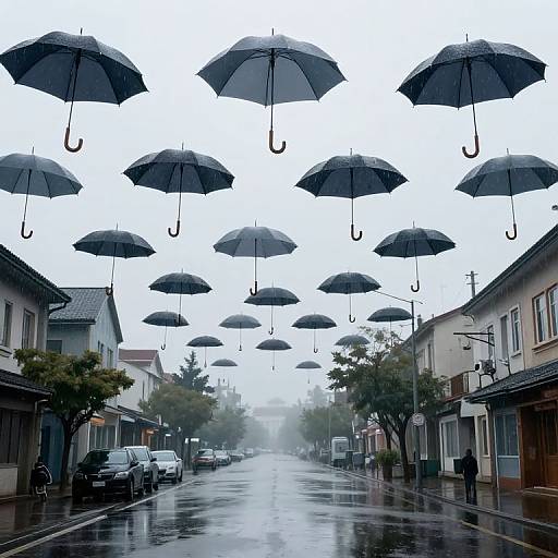 Photograph of a rainy street with black umbrellas hanging overhead, reflecting wet pavement, flanked by parked cars and trees. Overcast sky enhances the