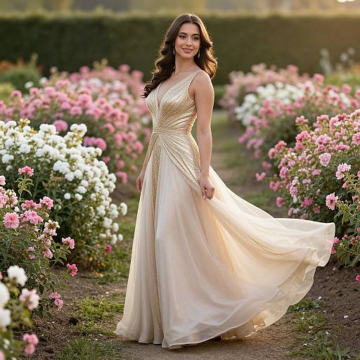 Photograph of a smiling brunette woman in a gold-embellished, sleeveless, ivory gown standing in a sunlit garden path with pink and