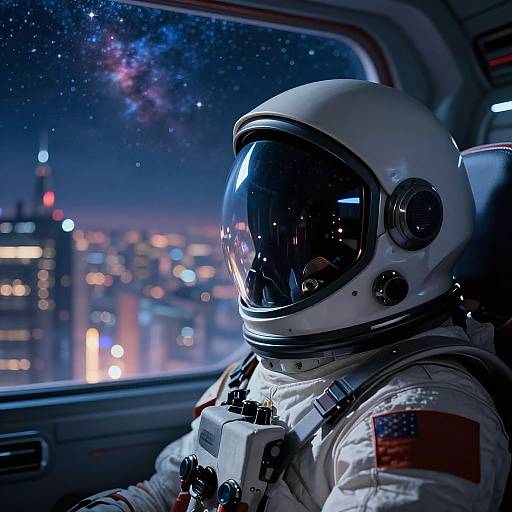 Photograph of an astronaut in a white spacesuit with reflective helmet, sitting in a spacecraft, gazing at a starry night sky and city lights