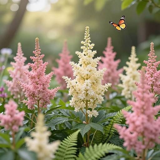 Photograph of vibrant pink and yellow foxglove flowers with a yellow and black butterfly fluttering above, set in a sunlit, green garden.