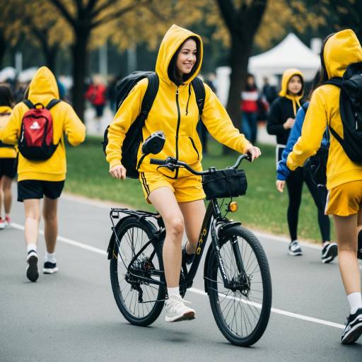 Young woman in yellow hoodie riding bicycle outdoors
