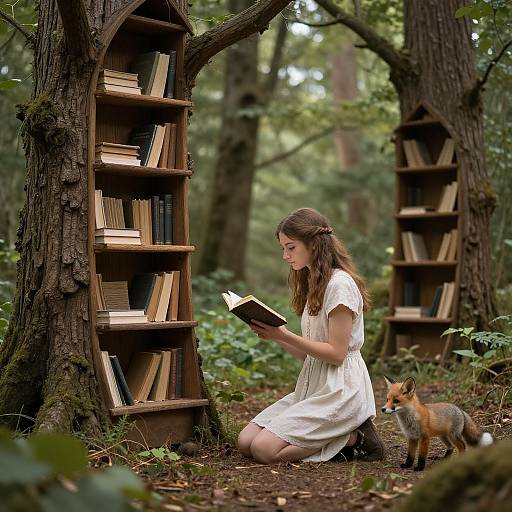 Photograph of a young woman with long brown hair, wearing a white dress, kneeling in a forest, reading a book, with a fox beside her
