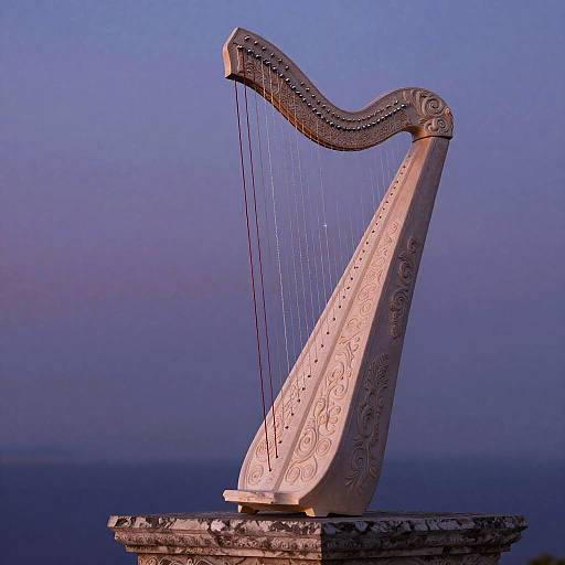Mystical Lyre on Stone Pedestal