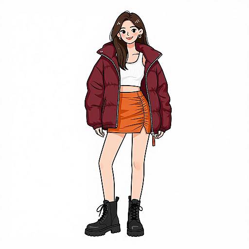 Digital illustration of a young woman with long brown hair, wearing a red puffer jacket, white crop top, orange skirt, and black boots, standing