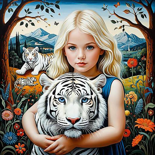 Blue-eyed Child Embracing Albino Tiger