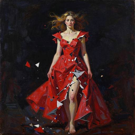 Digital painting of a blonde woman in a red, shattered dress, standing barefoot against a dark background, with fragments of glass scattering around her.