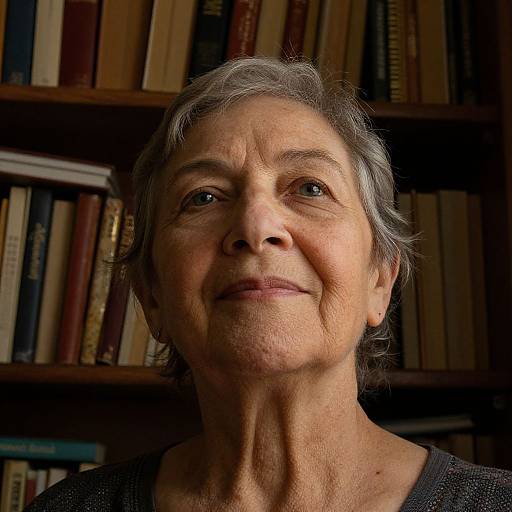 Photograph of an elderly woman with short gray hair, smiling softly, standing in front of a bookshelf filled with various books.