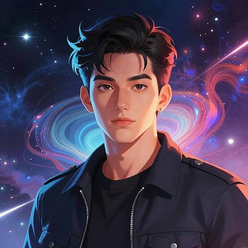 Digital anime-style portrait of a handsome young man with black hair, wearing a black jacket, against a cosmic background with swirling blue and pink lights.