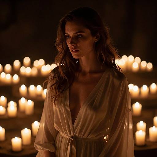 Photograph of a somber woman with wavy brown hair, in a sheer, beige robe, standing in a dimly lit room of glowing,