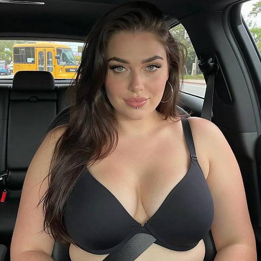 Curvy Woman in Car with Yellow Bus