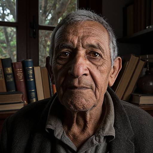 Photograph of an elderly man with wrinkled skin, gray hair, and deep brown eyes, wearing a dark jacket over a gray shirt, sitting in