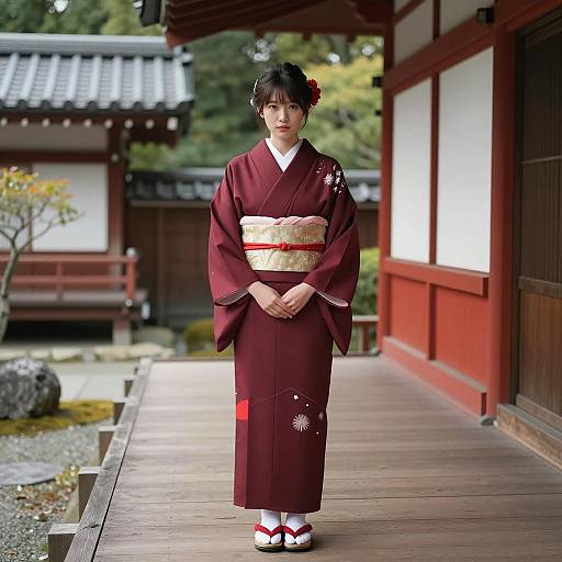 Young Woman in Traditional Japanese Kimono on Veranda