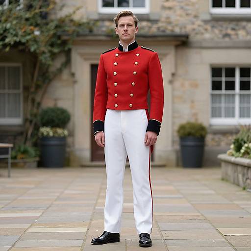 Photograph of a young man in a red military-style jacket with gold buttons, white pants, and black shoes, standing on a stone-paved courtyard