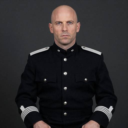 Stoic Bald Officer in Dark Uniform
