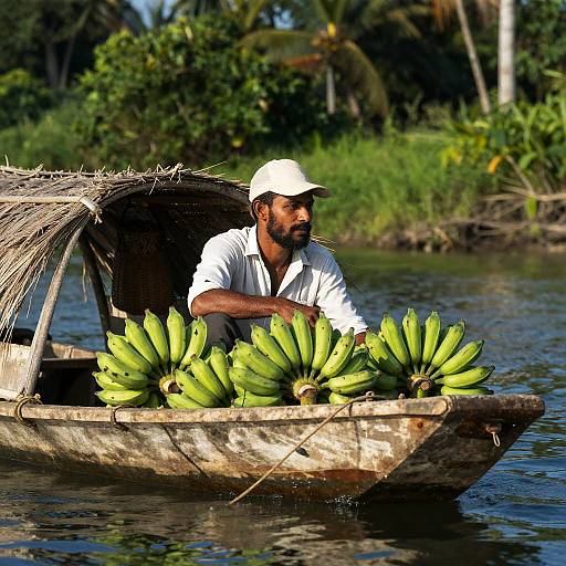 Rustic Boat with Man and Bananas