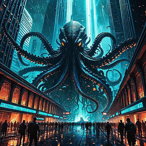 Futuristic Underwater City with Bioluminescent Kraken