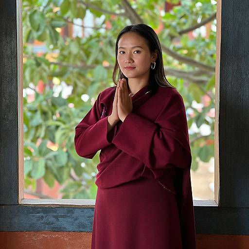 Photograph of an Asian woman with long black hair, wearing a maroon traditional robe, standing with hands in prayer pose, in front of a window