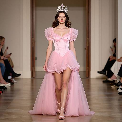 Photograph of a dark-haired woman wearing a pink, puffed-sleeve, lace-topped ball gown and silver tiara, striding down