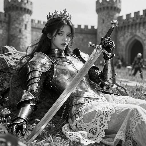 Black-and-white photograph of a young woman in medieval armor, with a crown, lace dress, and sword, seated before castle towers.
