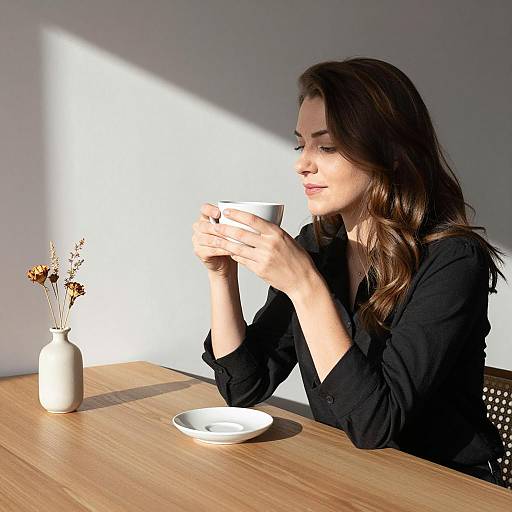 Sunlit Moment: Woman at a Wooden Table
