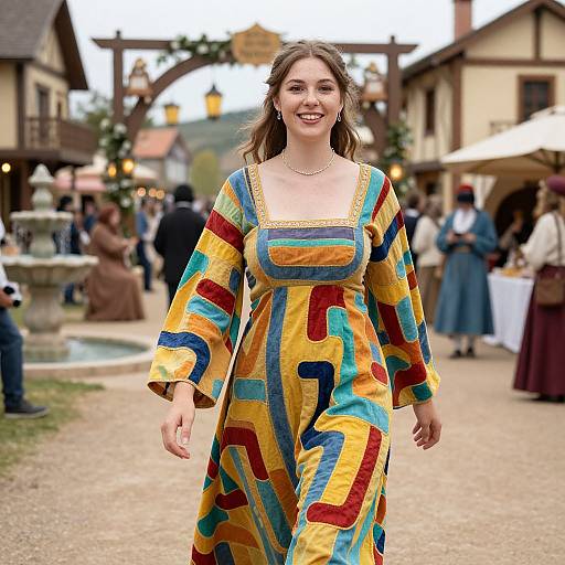 Photograph of a smiling young woman with long brown hair, wearing a colorful, geometric-patterned, long-sleeve dress, walking through a bustling