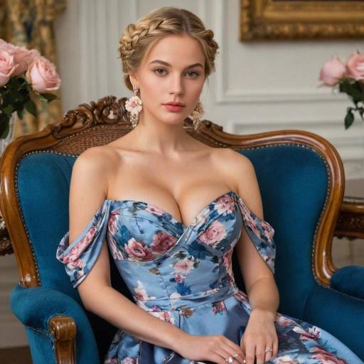 Elegant Solo Girl in Floral Blue Dress