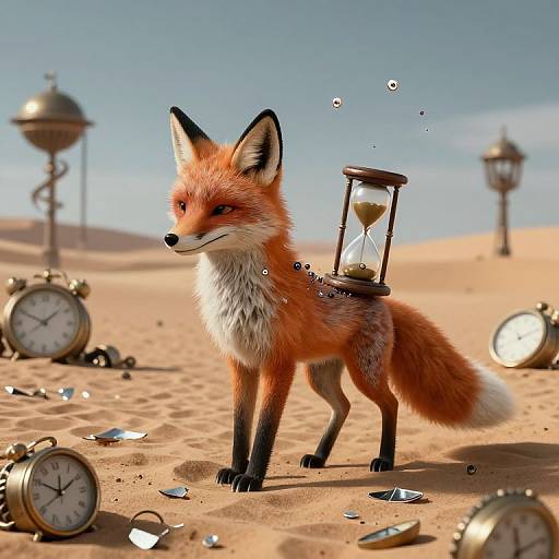 Digital art of an orange fox with a sand timer on its back, standing in a desert with scattered clocks and lanterns.