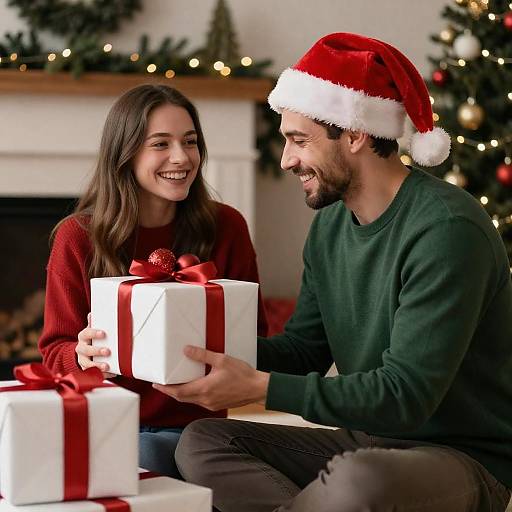 Couple exchanging Christmas gifts indoors