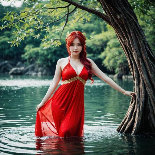 Woman in Red Dress by Lake and Tree