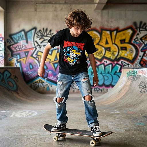 Photograph of a young boy with messy brown hair, wearing a black 