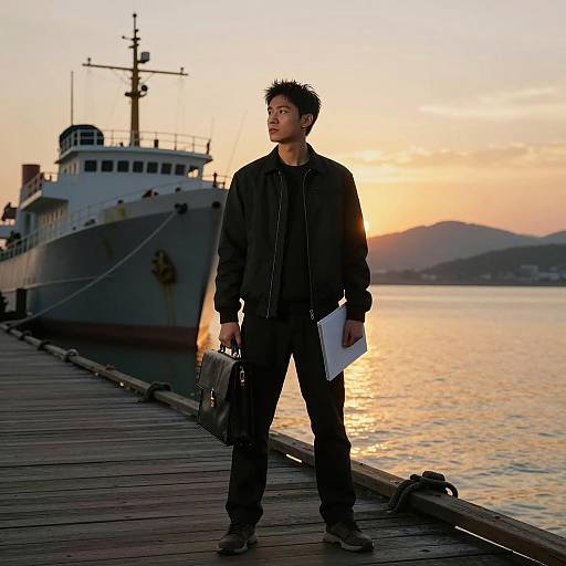 Man with Briefcase at Sunset Dock