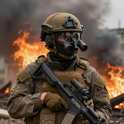 Dramatic Soldier Portrait in War Zone