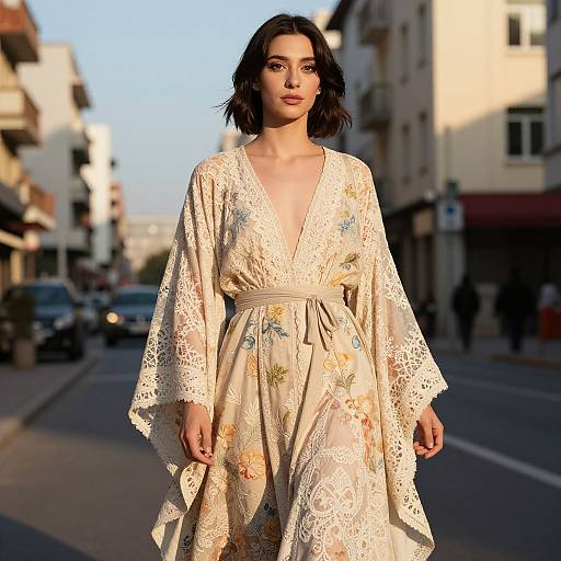 Photograph of a young woman with fair skin and dark hair, wearing a white lace floral dress, walking down a sunlit urban street with buildings and